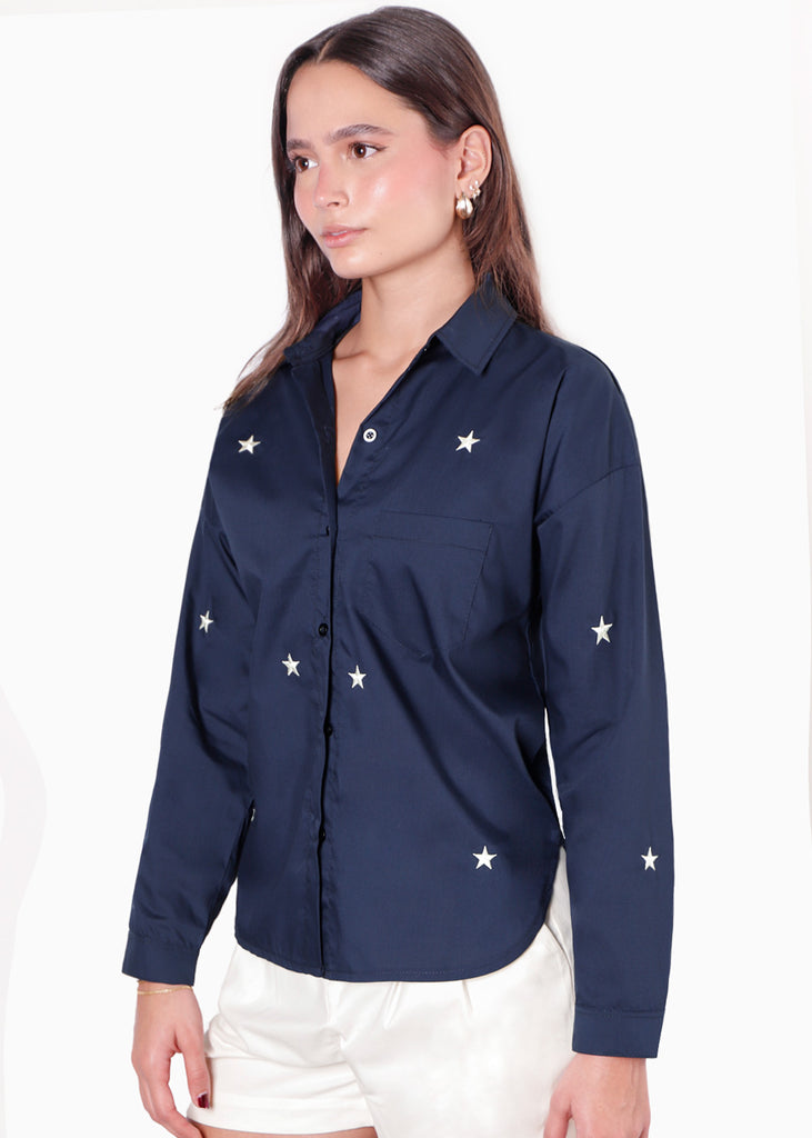 Camisa manga larga con botones y bordado de estrellas color azul para mujer - Flashy