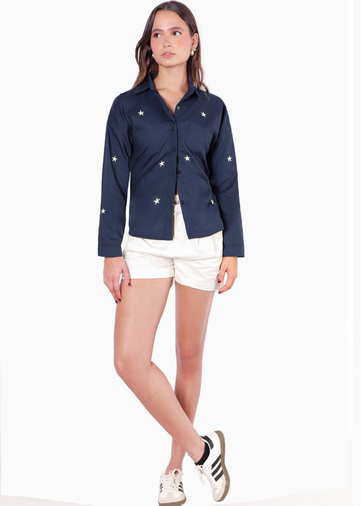 Camisa manga larga con botones y bordado de estrellas color azul para mujer - Flashy