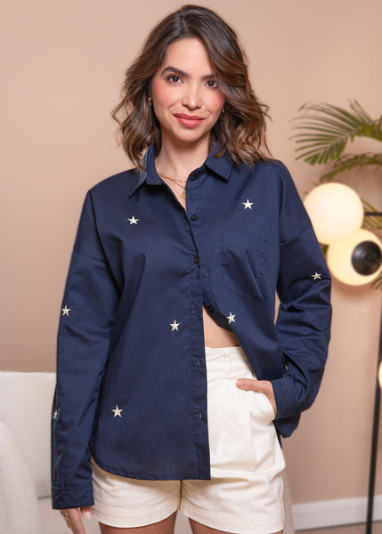 Camisa manga larga con botones y bordado de estrellas color azul para mujer - Flashy
