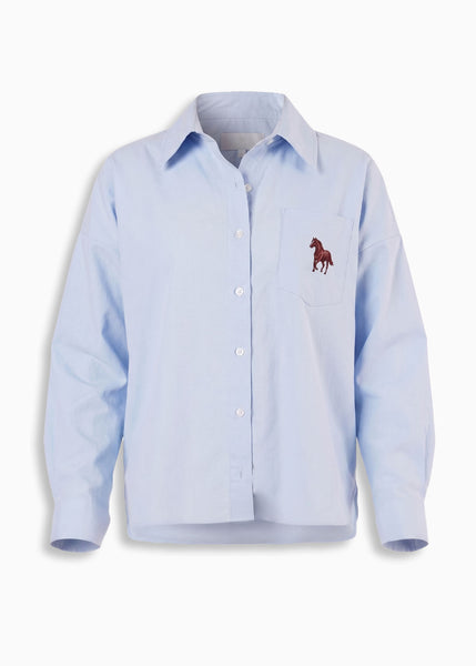 Camisa manga larga con cuello y perilla bordado en bolsillo color azul para mujer - Flashy