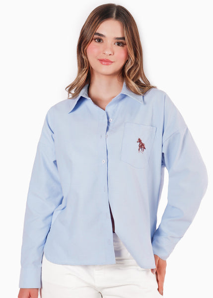 Camisa manga larga con cuello y perilla bordado en bolsillo color azul para mujer - Flashy