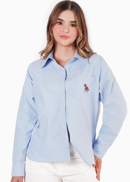 Camisa manga larga con cuello y perilla bordado en bolsillo - CAMPIÑA
