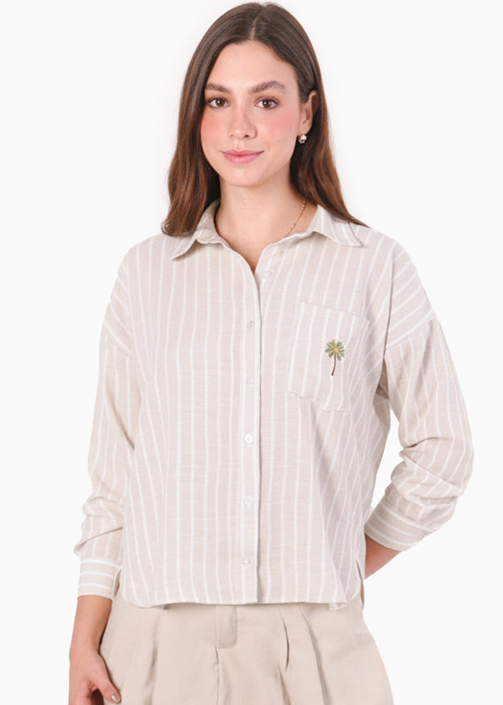 Camisa manga larga de rayas con cuello y perilla bordado en bolsillo - MELON