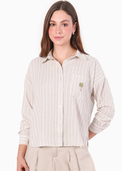 Camisa manga larga de rayas con cuello y perilla bordado en bolsillo - MELON