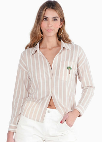 Camisa manga larga de rayas con cuello y perilla bordado en bolsillo - MELON