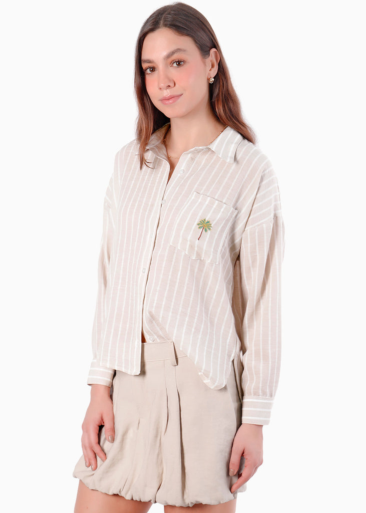 Camisa manga larga de rayas con cuello y perilla bordado en bolsillo - MELON