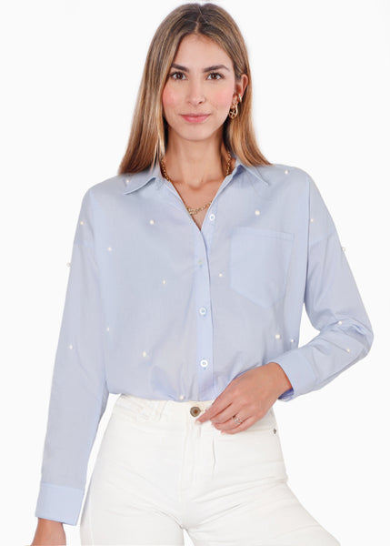Camisa manga larga oversized con botones y perlas color azul para mujer - Flashy