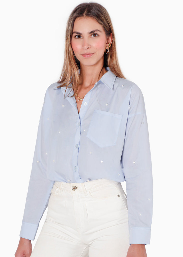 Camisa manga larga oversized con botones y perlas color azul para mujer - Flashy