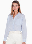 Camisa manga larga oversized con botones y perlas color azul para mujer - Flashy