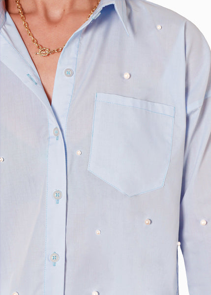 Camisa manga larga oversized con botones y perlas color azul para mujer - Flashy
