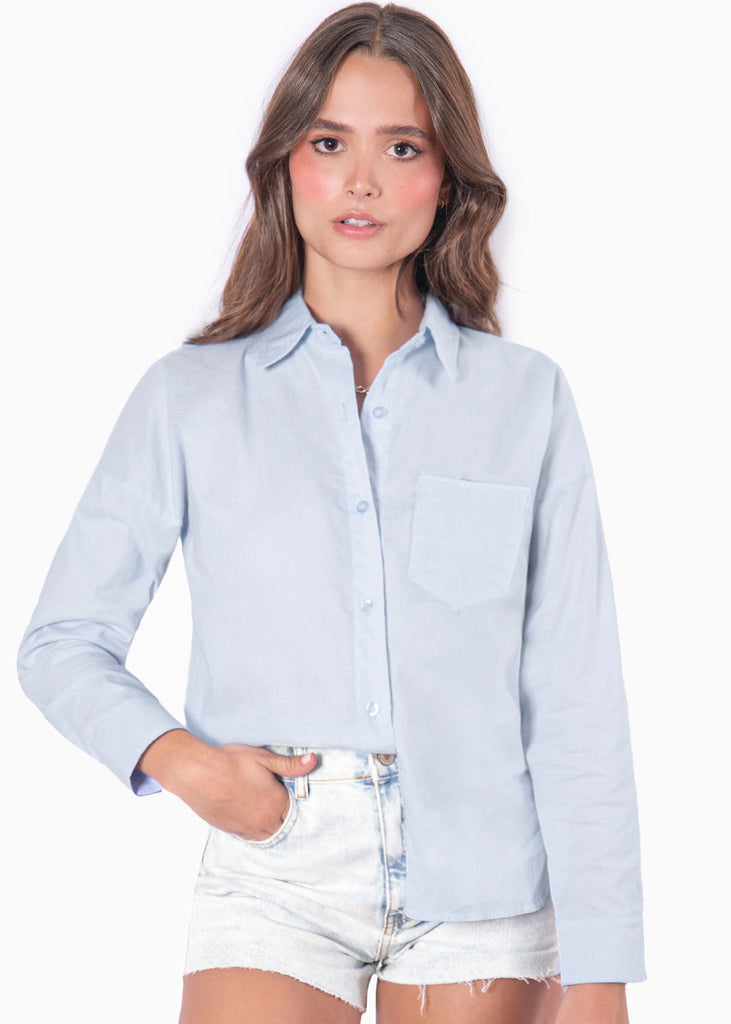 Camisa manga larga con botones color azul para mujer - Flashy