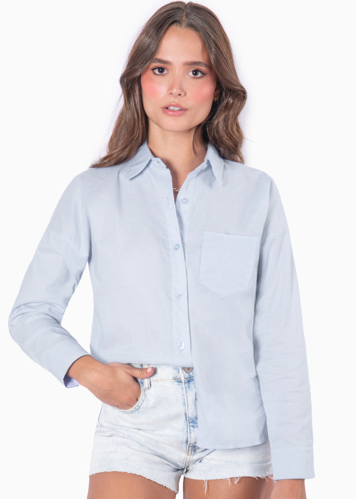 Camisa manga larga con botones color azul para mujer - Flashy