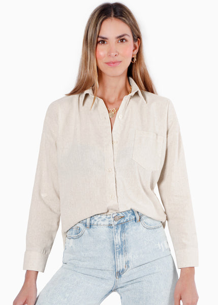 Camisa manga larga tipo lino con botones y bolsillo  para mujer - Flashy