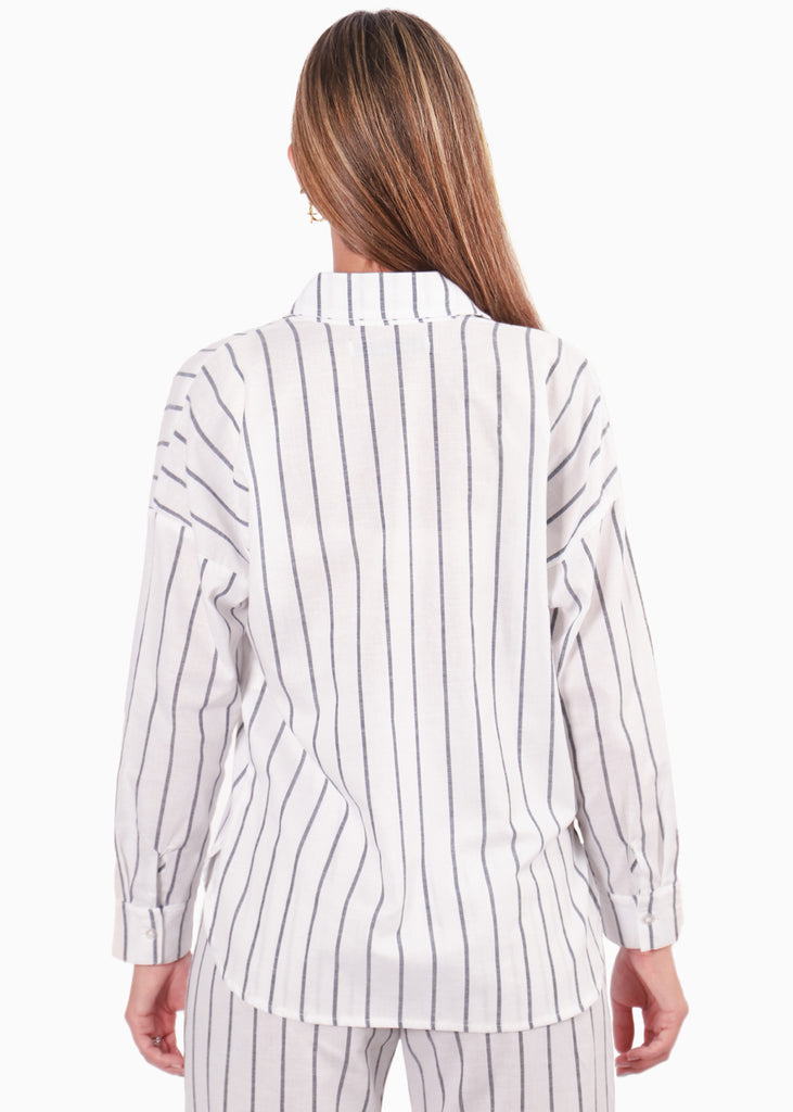 Camisa manga larga tipo lino con botones y rayas color blanco, marfil para mujer - Flashy