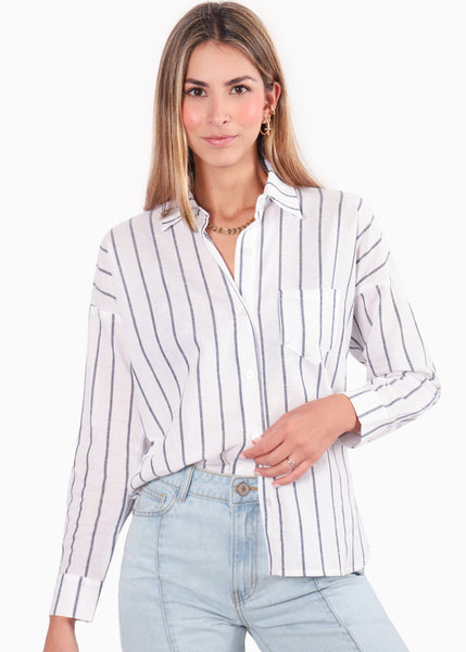 Camisa manga larga tipo lino con botones y rayas  para mujer - Flashy