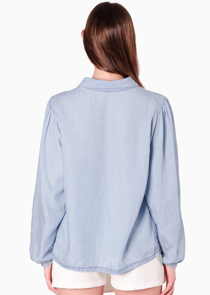 Camisa manga larga y efecto drapeado color azul para mujer - Flashy