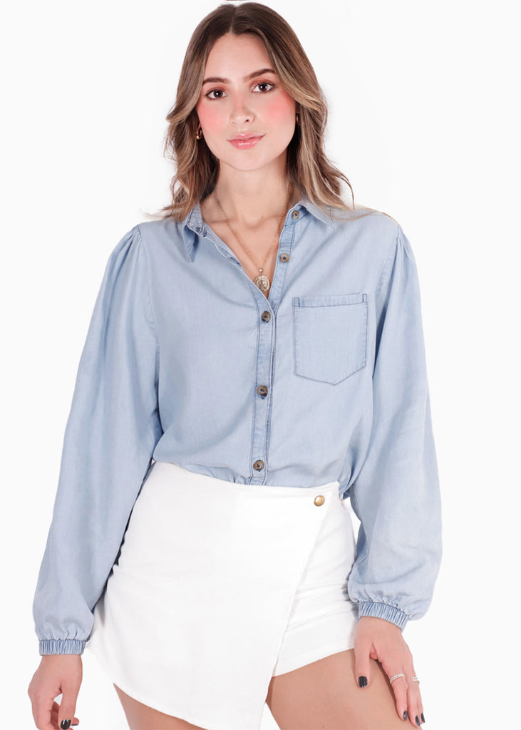Camisa manga larga y efecto drapeado color azul para mujer - Flashy