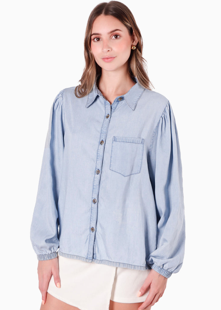 Camisa manga larga y efecto drapeado color azul para mujer - Flashy
