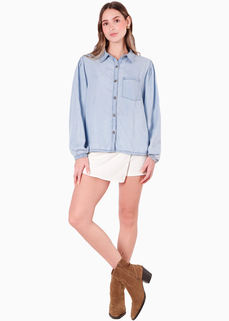 Camisa manga larga y efecto drapeado color azul para mujer - Flashy