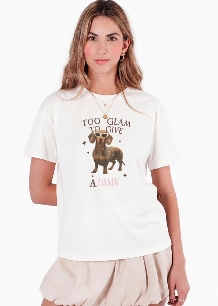 Camiseta con estampado perro "TOO GLAM TO GIVE A DAMN" - BURDEOS