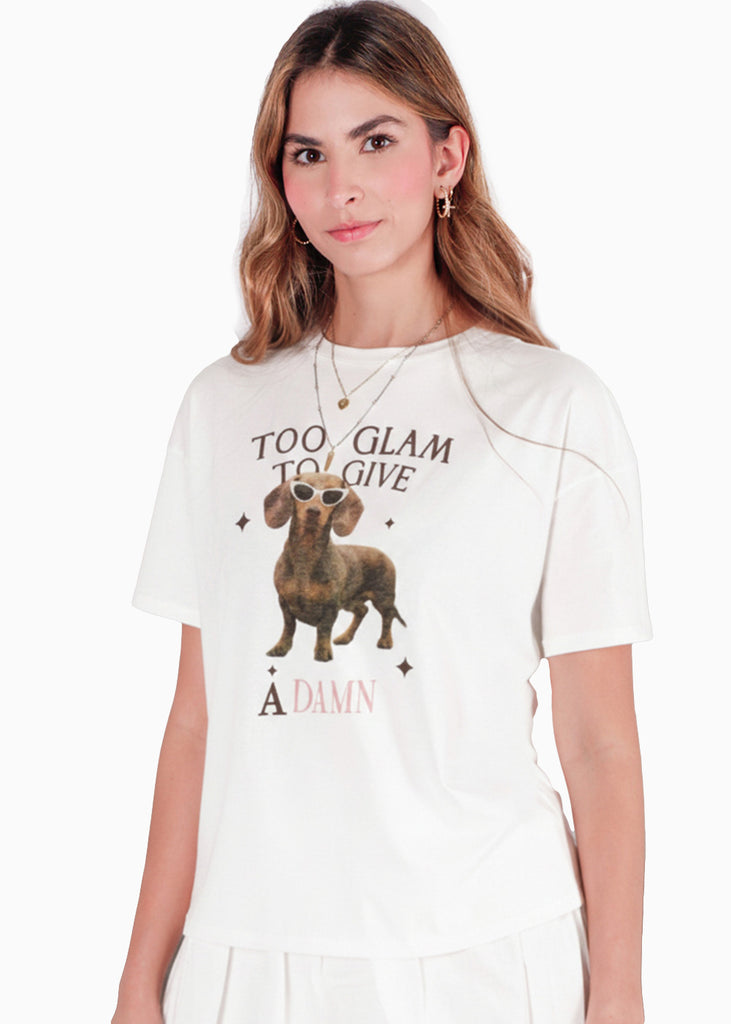 Camiseta con estampado perro "TOO GLAM TO GIVE A DAMN" - BURDEOS