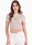 Camiseta baby tee en rib con bordado de leopardo para mujer - Flashy