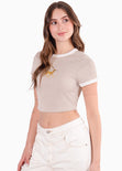 Camiseta baby tee en rib con bordado de leopardo para mujer - Flashy