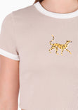 Camiseta baby tee en rib con bordado de leopardo para mujer - Flashy
