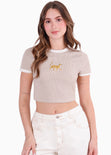 Camiseta baby tee en rib con bordado de leopardo para mujer - Flashy