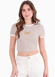 Camiseta baby tee en rib con bordado de leopardo para mujer - Flashy