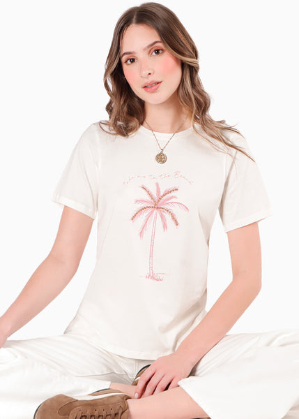 Camiseta basica con estampado de palmera color marfil, blanco para mujer - Flashy