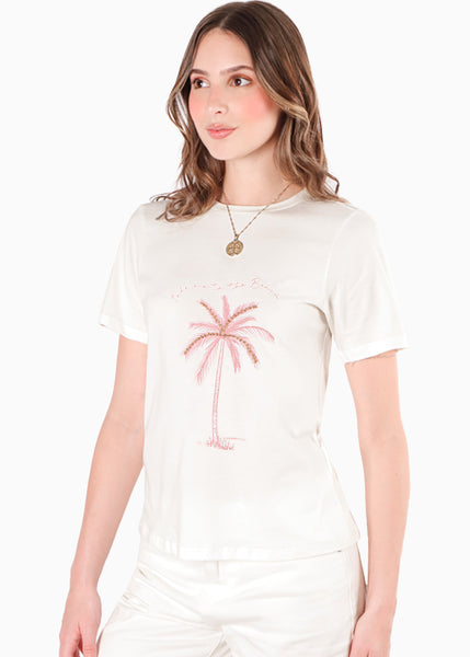 Camiseta basica con estampado de palmera color marfil, blanco para mujer - Flashy