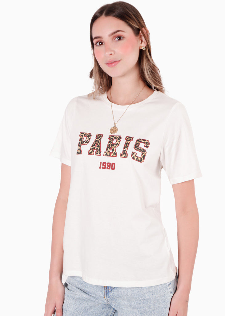 Camiseta basica con estampado "Paris" color blanco, marfil para mujer - Flashy