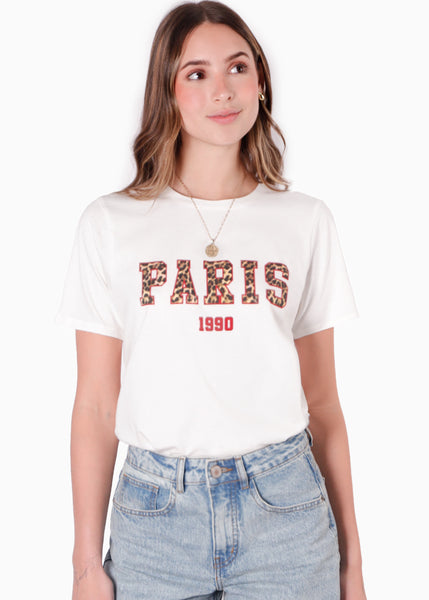 Camiseta basica con estampado "Paris" color blanco, marfil para mujer - Flashy