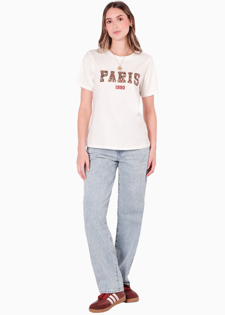 Camiseta basica con estampado "Paris" color blanco, marfil para mujer - Flashy