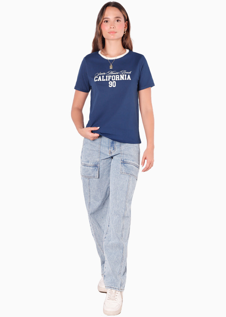 Camiseta básica con estampado “Santa Monica beach” con cuello en contraste color azul para mujer - Flashy