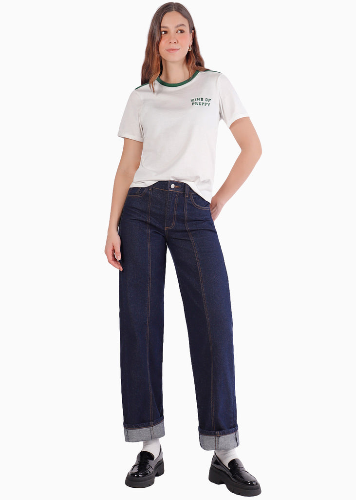 Camiseta basica con estampado y con rayas y cuello en contraste - SEDONA