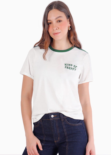 Camiseta basica con estampado y con rayas y cuello en contraste - SEDONA