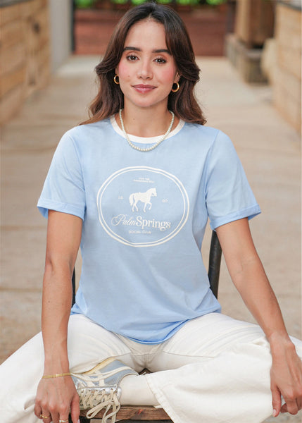 Camiseta basica cuello en contraste estampado de caballo color azul para mujer - Flashy