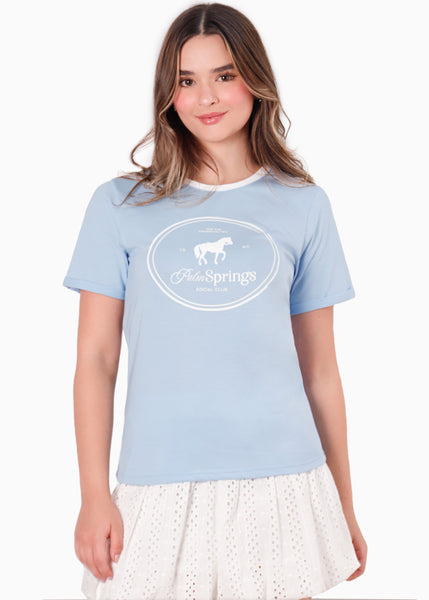 Camiseta basica cuello en contraste estampado de caballo color azul para mujer - Flashy