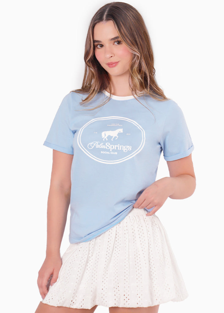 Camiseta basica cuello en contraste estampado de caballo color azul para mujer - Flashy