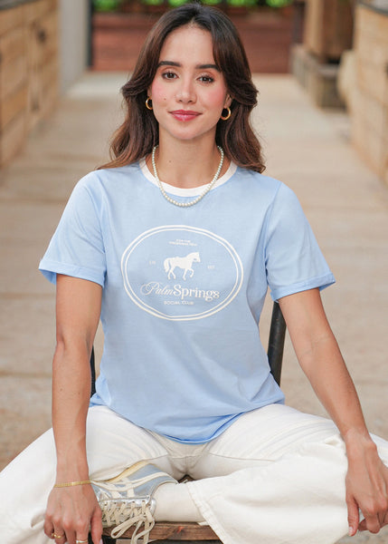 Camiseta basica cuello en contraste estampado de caballo color azul para mujer - Flashy