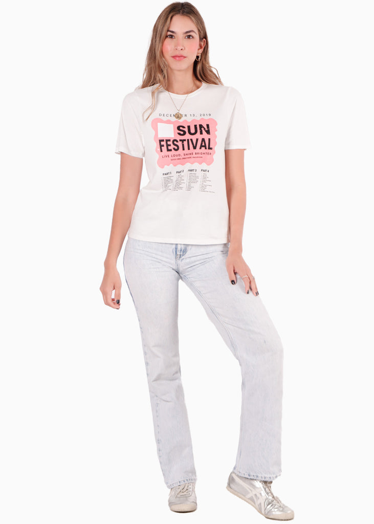 Camiseta básica estampada "Sun festival" color marfil para mujer - Flashy