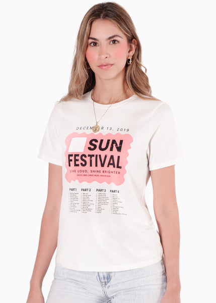 Camiseta básica estampada "Sun festival" color marfil para mujer - Flashy