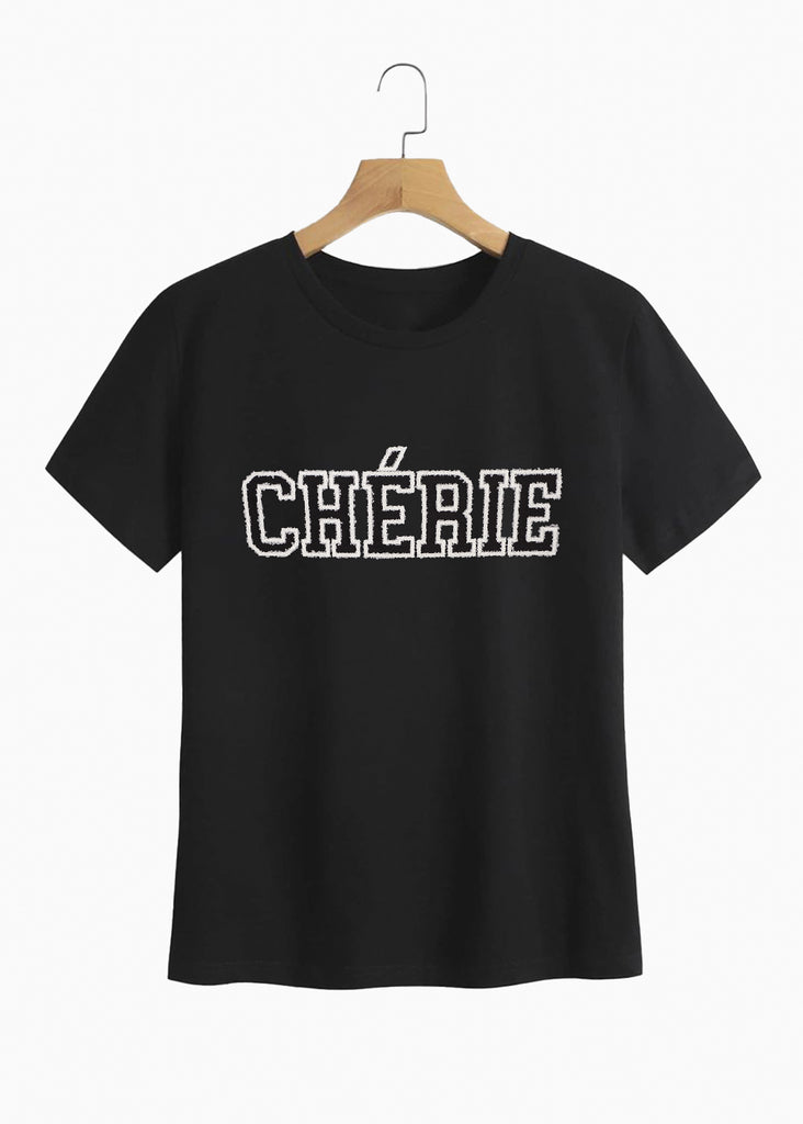 Camiseta con aplique "CHERIE" color negro para mujer - Flashy