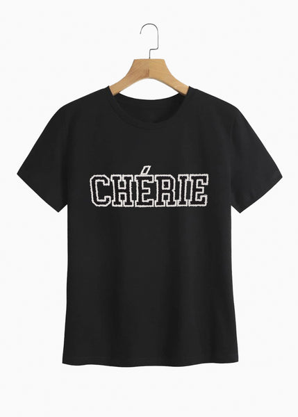 Camiseta con aplique "CHERIE" color negro para mujer - Flashy