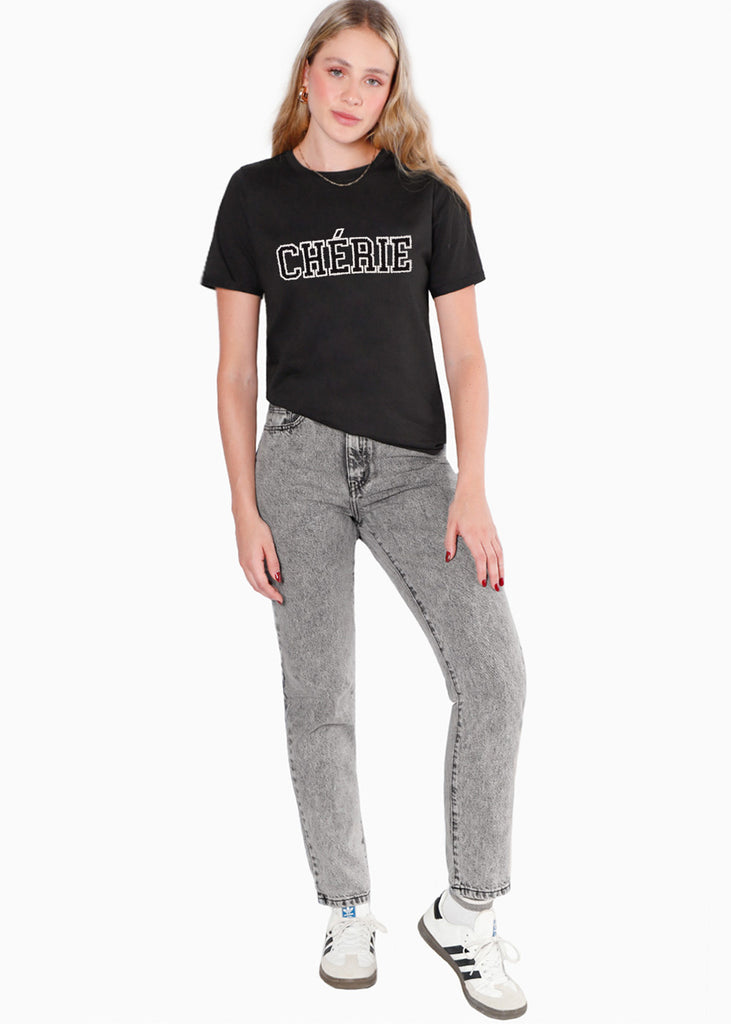Camiseta con aplique "CHERIE" color negro para mujer - Flashy