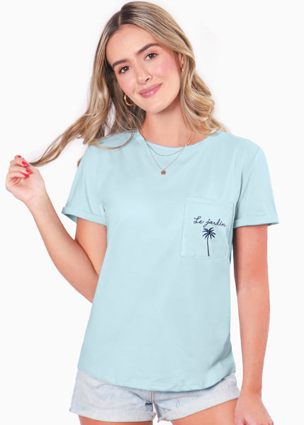 Camiseta con bolsillo y bordado color azul para mujer - Flashy