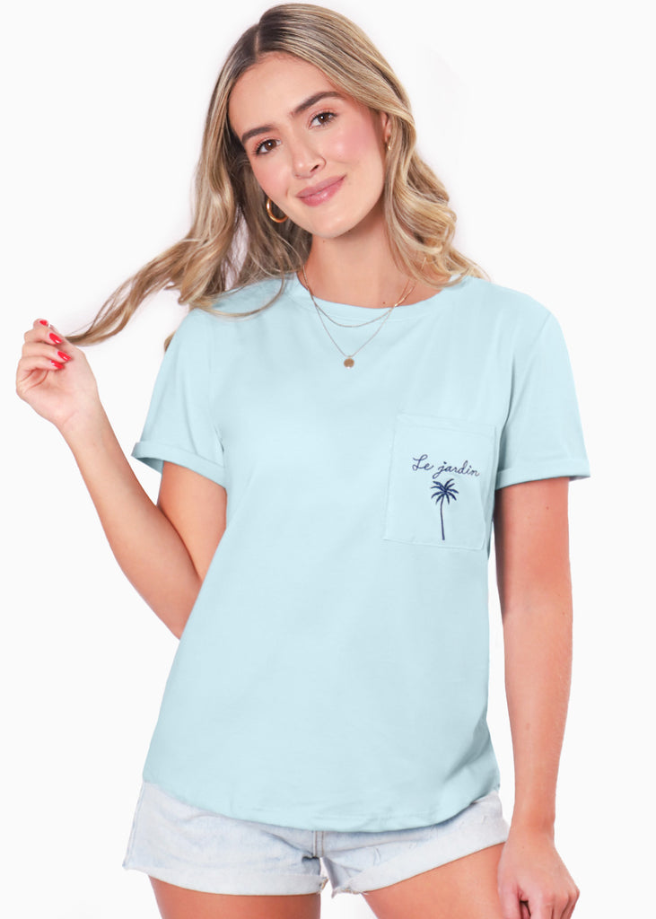 Camiseta con bolsillo y bordado color azul para mujer - Flashy