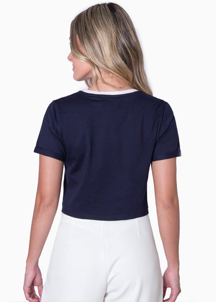 Camiseta con bordado en bolsillo y cuello con contraste de color color azul para mujer - Flashy